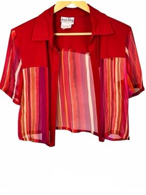 Joseph Ribkoff 100% Silk Cropped Sheer Jacket Red Striped Art to Wear Size 12